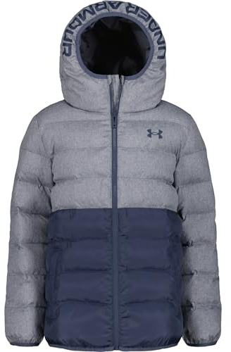 Under Armour Boys' Pronto Hooded Puffer Jacket, Lightweight & Water Repellent, Downpour Gray Block, 7