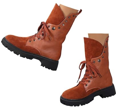 Xbemkste snörstövlar dam med platå vintage ankelstövlar biker booties med nitar western cowboystövlar ankelstövlar bekväma korta stövlar höst vinter skor, BRUN, 37 EU
