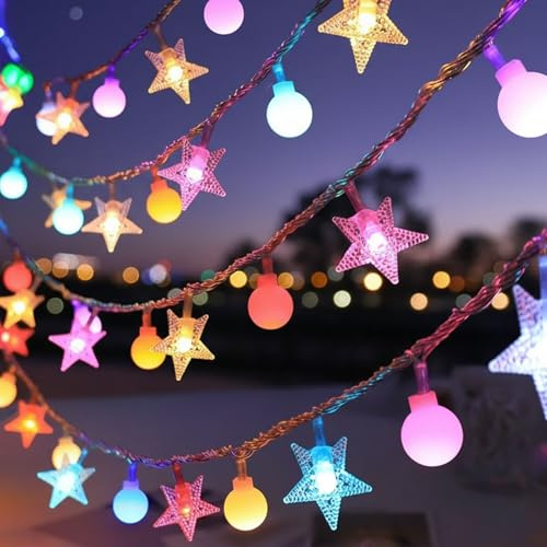 GoldRock 2 Modi Bunte Lichterkette Innen Außen Batterie,3m 20Led Lichterkette Sterne Kugeln Bunt,Kugel Stern Lichterketten,Lichterkugeln Sternenlichterkette für Kinderzimmer,Weihnachten,Hochzeit Party