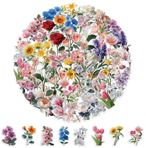 Omnikryp 250 stycken Blomsterklistermärken, Vattentäta Blomdekorationer, Klistermärken för Scrapbooking, Klistras av utan att Lämna Kvar Lim, för Bärbara Datorer, Mobiltelefonfodral, Dagbok