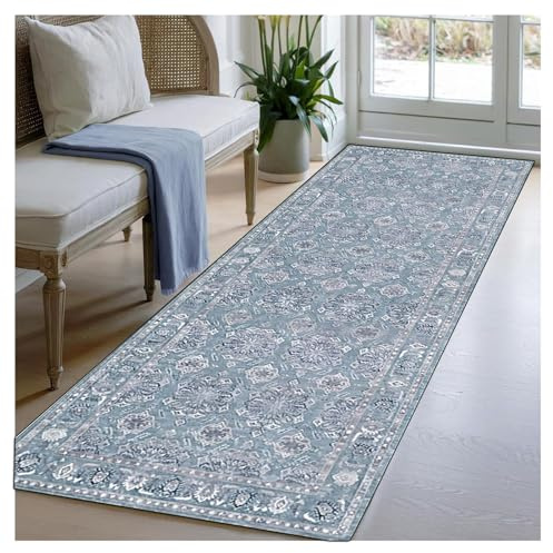 BORKOY Tappeto Runner Corridoio 1.2 metri Blu Vintage, Passatoia Lunga Antiscivolo e Lavabile, Tappeto Design Retrò per Cucina e Ingresso, Tappeto Morbido per Soggiorno e Camera da Letto,70x120cm