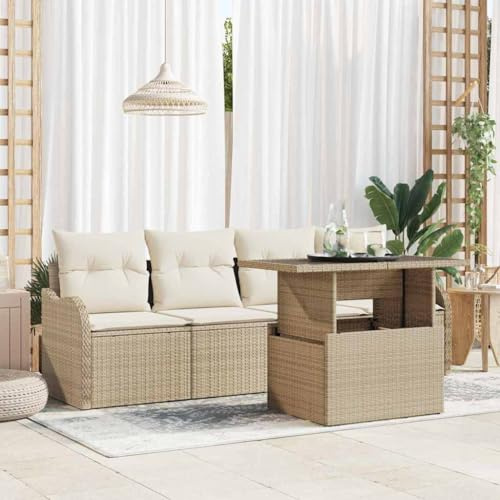 QZZCED Moderne Rattan-Sitzgruppe für Garten und Terrasse, modulare Outdoor-Möbel mit Tisch aus gehärtetem Glas, UV-beständig und Polyestergewebe
