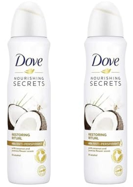 Dove Nourishing Secrets Restoring Ritual Alcohol Free Deodorant Spray Coconut & Jasmine Flower Scent 150ml 48H Body Spray with 1/4 Moisturizing Cream for Soft Smooth Underarms For Women, Pack of 2