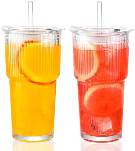 MRZIKPO 2 Stück 600 ml Gerippte Glasbecher mit Deckel und Strohhalm, dickwandige und robuste Smoothie Becher aus hochwertigem Glas, luftdichtes und wasserdichtes Design, ideal als Kaffee