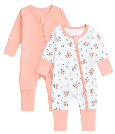 WYTbaby 2er Pack Baby Schlafanzug für Jungen und Mädchen, Baumwolle Kleinkind Strampler mit Reißverschluss und Umklappbaren Fäustlingen Babykleidung 0-24 Monate