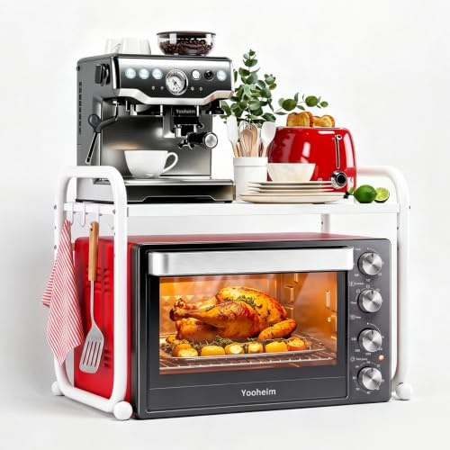 Yooheim Soporte para Microondas de 2 Niveles, Ancho 40,5-64cm, Blanco | Estantería de Almacenaje, 2 Niveles de Regulación de Altura, para Encimera de Cocina, Independiente, Equipada con 4 Ganchos