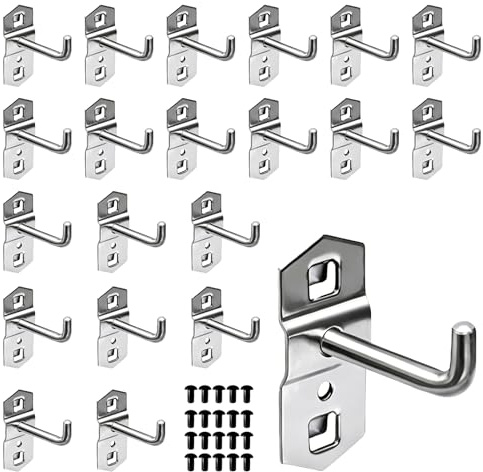 HUILATE 20 ganchos para estantes de supermercado, ganchos para pared perforada con 20 pasadores de plástico para pared perforada, accesorios cuadrados para pared perforada, de acero para taller