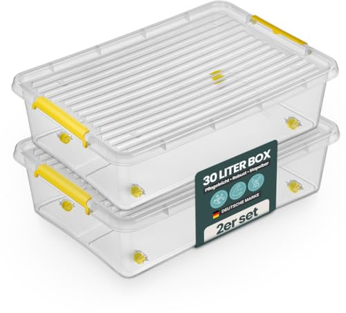 Kreher Aufbewahrungsbox mit Deckel transparent - stapelbare Kunststoffbox mit Rollen & Clips - robuste Ordnungsbox nestbar - Universalbox zur Aufbewahrung - 30L bis 145L XXL (2, 30 Liter)