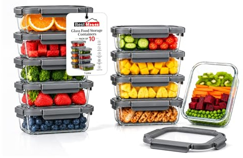 BH | 10-Pack Glass Meal Prep Containers | 1000ml | Borosilicate Glass Food Storage Containers with Lids | Airtight Lunch Container Set, BPA-Free, Leak-Proof, Microwave, Dishwasher Safe - by Best House