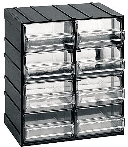 Art Plast CASSETTIERE Mobiletto modulare in plastica L 192 x P 148 x H 230 mm con 8 cassetti Trasparenti, Polipropilene, Nero, 19,2x14,8x23