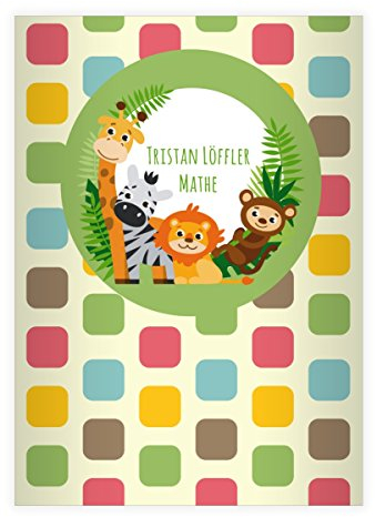 Kartenkaufrausch 16 personalisierte, Fröhliche, buntes Zoo DIN A5 Grundschul Hefte mit Giraffe, Zebra und co in grün Kontrastlineatur 1