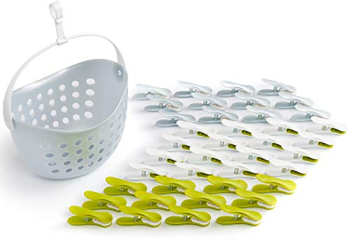 culiclean Wäscheklammern stabil ohne Abdruck Soft Clips 40 Stück grau grün weiß Korb grau mit Wäscheklammernkorb statt Beutel
