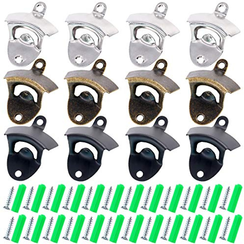 Glarks 12Pcs Silver/Bronze/Black Wall Mounted Bottle Opener Set for Beer Cap Coke Bottle Wine Soda Open and Kitchen Cafe Bars with Mounting Screws (Silver Bronze Black)