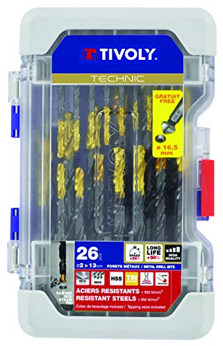 TIVOLY 11453170007- Coffret RANGER de 26 Forets Métaux Technic HSS Steam Tin contenant Ø 2-2,5-3(x2)-3,2-3,5-4(x2)-4,2-4,5-5(x2)-5,5-6-6,5-6,8-7-7,5-8-8,5-9-10-11-12-13 mm +1 Fraise à noyer HSS 90°