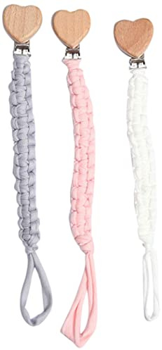 3 Stück Schnullerkette, Schnullerband Baby Schnullerketten Clips Baumwolle Schnullerband, Mit Edelstahl Klemmen für Unisex-Baby (Liebe)