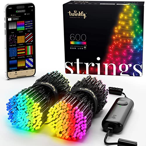 Twinkly Strings 600 LED RGB, Ledlichtsnoer Buiten en Binnen, Slimme Multi Ledverlichting, Compatibel met HomeKit, Alexa en Google Home, Ledlichten voor Gaming, IP44, Bediend via App, Zwart Snoer, 48m