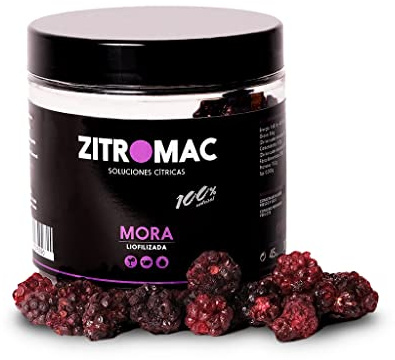 Moras liofilizadas 100% naturales. Moras deshidratadas sin azúcar añadido. Fruta deshidratada para cóctel / infusiones / té / repostería /postres. Tarro de 60 gr de moras sin aditivos. Solo moras.