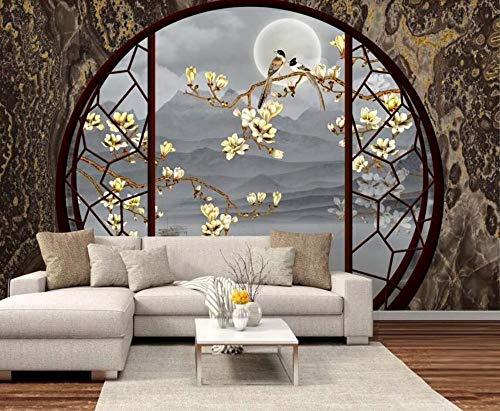 MIWEI Wallpaper Papier Peint Porte Ronde Fenêtres Paysage Fleurs Et Oiseaux Papier Peint Intissé Tapisserie Murales Chambre Salon