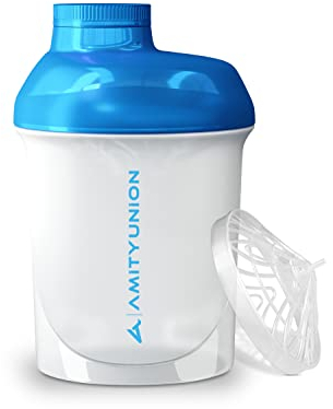 AMITYUNION Protein Shaker White Blue Deluxe 400 ml - Sin BPA con tamiz y escala para batidos cremosos de proteína de suero de leche - Gimnasio Fitness Botella para aislamientos y refuerzo