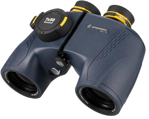 Bresser Fernglas Nautic 7x50 Gen II mit beleuchtetem Kompass, Entfernungs- und Größenberechnung, Nebel- und wasserdicht, inklusive Tasche Ideals Marine Fernglas für Wassersportler