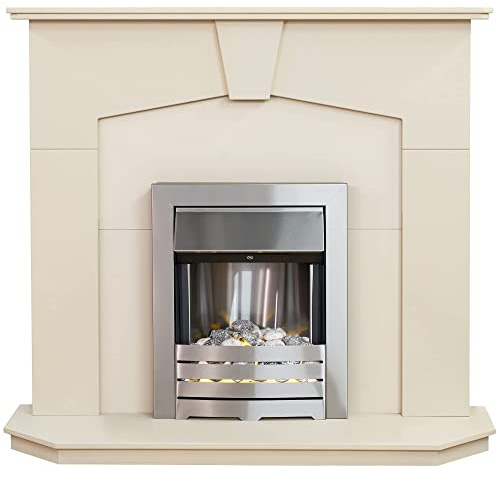 Adam Abbey Fireplace in Stone Effect with Helios Electric Fire in Brushed Steel, 48 Inch
