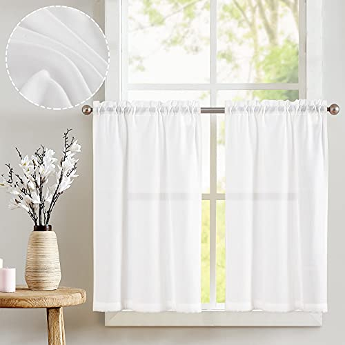 Vangao Leinenoptik Scheibengardinen Weiß Küche Modern Gardinen Kurz Bistrogardine 2er Set 65Bx115Hcm mit Stangendurchzug Landhausstil Lichtdurchlässig Weiss Vorhänge Kurz Küchengardinen für Wohnwagen