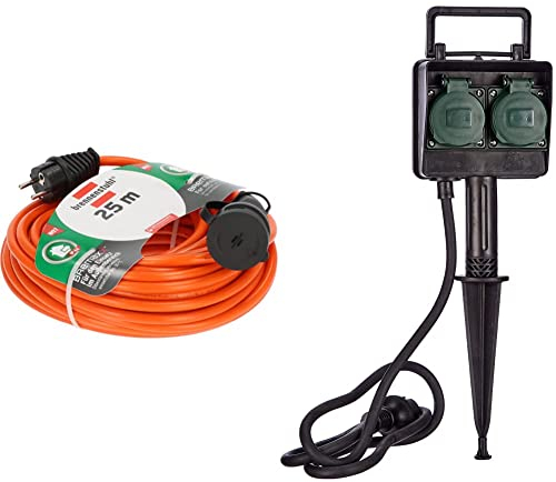 Brennenstuhl BREMAXX® Verlängerungskabel V2 (25m Kabel in orange, IP44, einsetzbar bis -35 °C, öl- und UV-beständig) und Brennenstuhl Garten-Steckdose/Außensteckdose 2-Fach mit Erdspieß (1,4m Kabel)