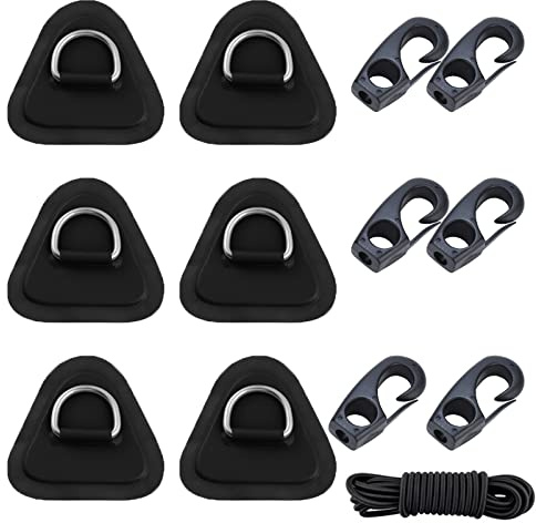 Yundxi Dreieck Edelstahl D-Ring Pad Patch mit Bungee Cord und Clips Kit für PVC Aufblasbare Boot Schlauchboot Kajak Kanu SUP (Schwarz 6 Packs)
