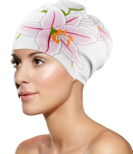 SYLEMTAM Swim Cap Women, Silicone Swimming Caps for Long Hair Anti Slip Waterproof Swim Caps for Womens Adult, Comfortable Bathing Cap Swimming Hats Fit for Curly Short Medium Long Thick Hairs (Lily)