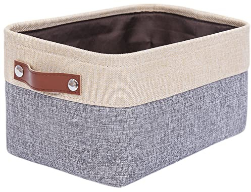 Mangata Faltbare Aufbewahrungskörbe mit Ledergriff, Verdicktes Leinen Stoff Aufbewahrungsbox Korb für Kleiderschrank, Unterwäsche, Bücher, Kosmetik (Grau/Beige, Klein)