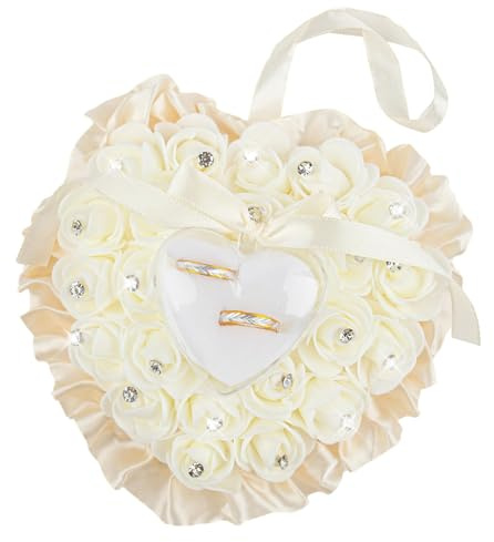 AUEAR, Beige Heart Shaped Ring Bearer Box Lace Rose Pillows for Wedding Ceremony Party