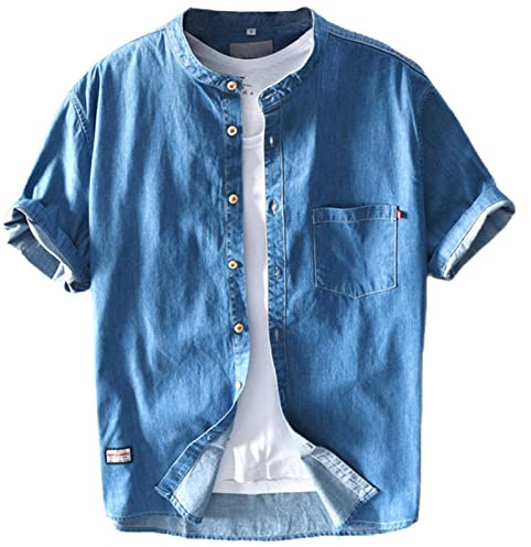 GIBZ Camicia di Jeans da Uomo in Cotone Camicie Estive a Maniche Corte Casual Abbottonata, Blu Navy, XL