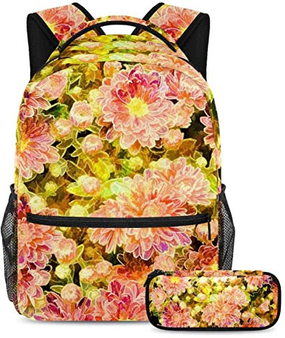 VAPOKF Paint Pink Green Peony Flower Plant School Bag Set for Teen Girls Boys Kids, Student Bookbag Backpack Rucksack with Pencil Case for Primary Secondary Junior