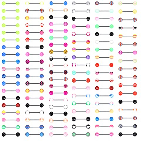 Adramata 110Stück 14G Zungenpiercing Chirurgenstahl Stab Color Ball Acrylic Zunge Tongue Brustwarze Barbell Stablänge 16mm