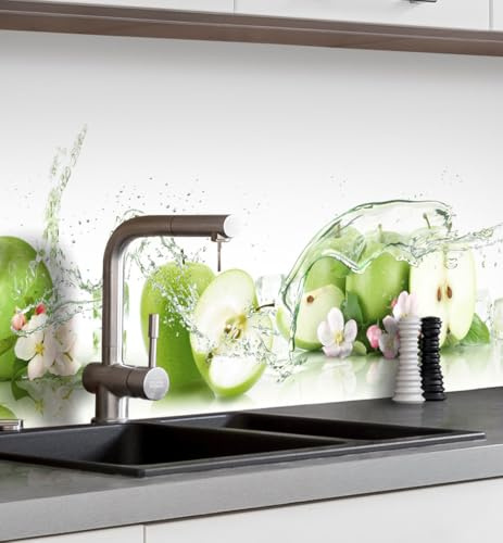 MyMaxxi Küchenrückwand selbstklebend - Matte, 0,4 mm Premium Spritzschutz Folie als günstige Alternative zu Glas, einfache Montage & leichte Reinigung - Motiv: Grüne Äpfel 120 x 60 cm