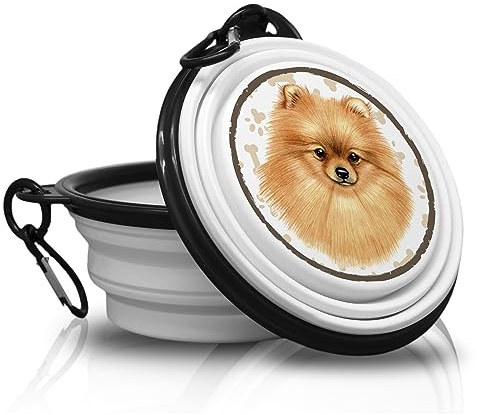 Deutscher SPITZ/Pomeranian - Fressnapf, Schüssel, Schale. Falt, Tragbarer Trinknapf mit Karabiner für Unterwegs. Futternapf, Haustierschüssel. Handlich und Einzigartig.