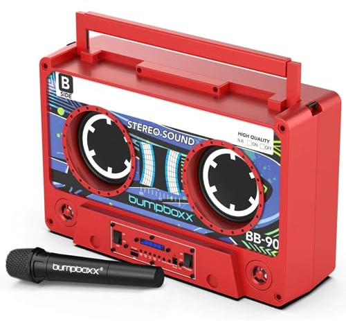 Bumpboxx Remixx Retro Bluetooth Boombox | Portable Cassette-Style Speaker with High-Fidelity Sound & Wireless Mic | Electric Red