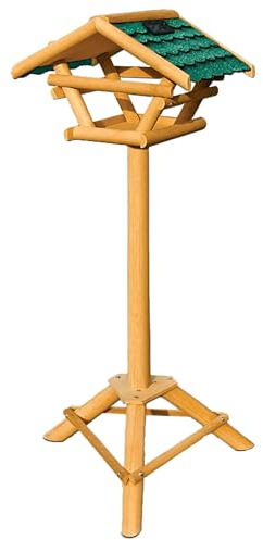 Vogelhaus mit Ständer wetterfest – Solar-LED-Beleuchtung, abnehmbares Dach, große Futterfläche - großes Vogelfutterhaus stehend für Garten - Holzdesign - grün/braun - 30x22x21 cm - Höhe: 120 cm
