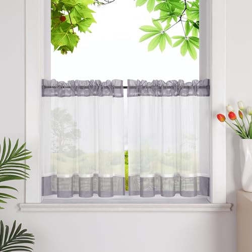 HeichkelL Scheibengardinen mit Streifen Küche Kurzstores Leinenoptik Bistrogardine Kleinfenster Gardine Grau mit Tunnelzug HxB 45x90cm 1 Stück