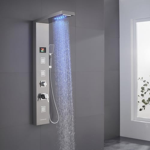 KINKIBOS Pannello doccia a LED con rubinetto, 5 funzioni, pannello doccia con indicatore di temperatura LED, pioggia e cascata, 3 ugelli massaggianti, doccetta e beccuccio per vasca, colonna doccia in