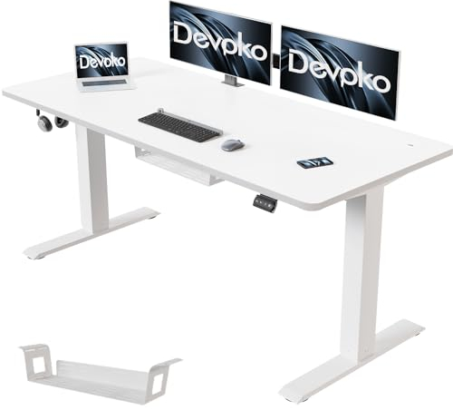 Devoko Höhenverstellbarer Schreibtisch 140 x 60 cm mit Kabelwanne, Elektrisch Höhenverstellbarer Stabiler Stehpult, Computertisch 2-Funktions-Memory, Ergonomischer Steh-Sitz Tisch (Weiß)