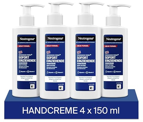 Neutrogena Sofort einziehende Handcreme (150 ml), pflegende für sehr trockene , spendet intensive Feuchtigkeit mit Glycerin weiche Hände, im praktischen Spender (Packung mit 4)