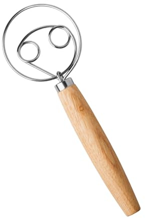 FRUHLING Dänischer Teig Schneebesen Eierschläger Holzgriff Mixer Teigbesen Teigmischer Edelstahl Brotmixer für Backen Brot Gebäck Dessert Pizzateig