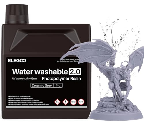 ELEGOO Upgraded 405nm Wasser Waschbares Resin 2.0, Grau 2000g | Water Washable 3D Drucker Rapid Harz, Geringerer Schrumpfung, Höherer Präzision für LCD/DLP/SLA/3D Drucker