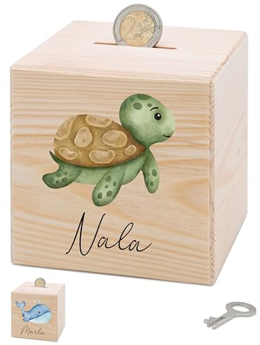 Bärenfreunde® - Personalisierte Spardose Kinder aus Holz mit Metallschloss - Spardose mit Namen mit kinderfreundlichem UV-Druck zum Sparen für Kinderträume (Schildkröte)