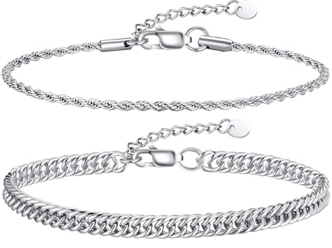 XUANPAI Armband Herren Silber Edelstahl - Silberarmbänder 2 Stück Set Dünne Armbänder für Männer Frauen Hochwertige Cuban Link Schlangenarmband Komfortables Armkette Geschenke für Freund Sohn Papa