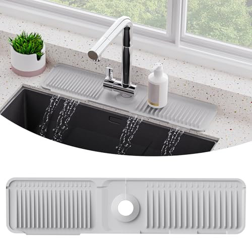 6° Slope kitchen Sink Splash Guard,Foldable Silicone Faucet Handle Drip Catcher Tray Mat for Kitchen Sink Accessories Gadgets,Drying Mat for Kitchen Counter Bathroom (Gray, Large)