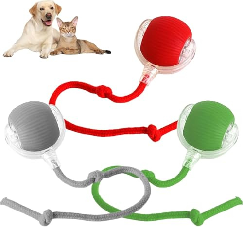 HOIDOKLY Interaktiver Rollender Hundeball, Hundespielzeug Ball mit Schnur, Smart Automatisch Rollender Ball für Katzen und Hunde, Interaktives Hundespielzeug, Hundeball Elektrisch (Rot+Grau+Grün)