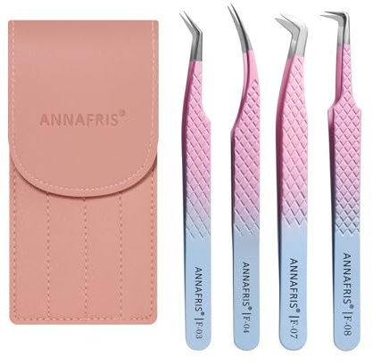 ANNAFRIS Pinzas para Pestañas 4Pcs Pinzas Pestañas Pelo a Pelo Precisión Pinza Pinzas Extensiones Pestañas Lash Tweezers(F03+04+07+08)