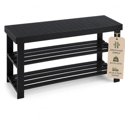 APICIZON Schuhbank aus Bambus, Schuhregal mit Sitzbank, 90 x 28 x 45 cm, 3 Ablagen für bis zu 8 Paar Schuhe, Belastbar bis 130 kg, Schuhschrank für Flur, Garderobe, Wohnzimmer, Bad, Schwarz